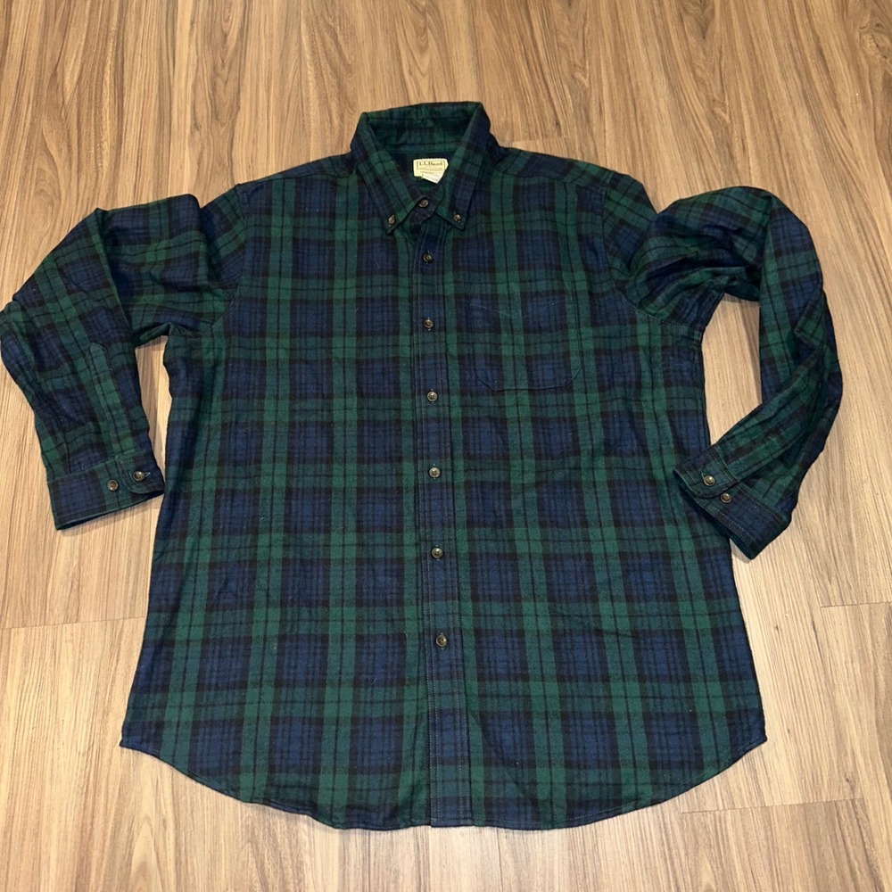 LL Bean Traditional Fit Plaid Flannel Shirt Mens Long Sleeve Green Blue L REG
